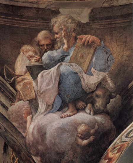 Frescos en la iglésia de San Giovanni Evangelista en Parma, muro frontal de la bóveda, escena